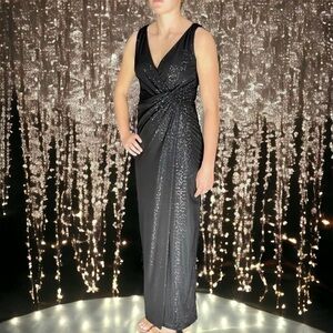 LAUREN RALPH LAUREN EVENING CASCADE SEQUIN COLUMN FAUX WRAP SHEATH GOWN DRESS